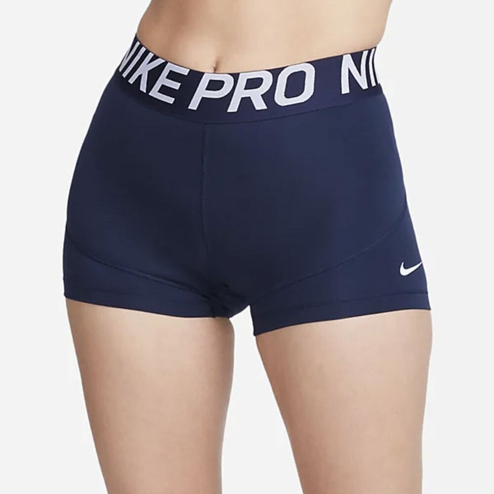 Nike Pro Women's Navy Blue High-Waist Performance Shorts with White Logo